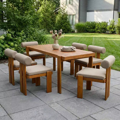 Christopher Knight Home Lucia Set da Pranzo da Esterno Moderno di 7 Pezzi in Acacia Imbottito con Schienale Curvo e Tavolo a Doghe