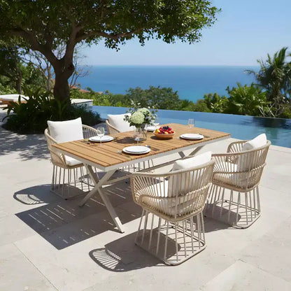 Christopher Knight Home David Set da pranzo da esterno moderno in acciaio, 5 pezzi, tavolo con piano in legno e 4 sedie in vimini intrecciato