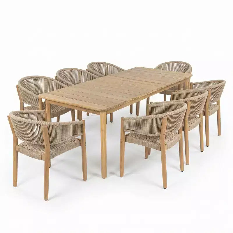 Christopher Knight Home Emeric Ensemble de 9 sièges de salle à manger d'extérieur bohème en bois d'acacia et corde avec table à lattes