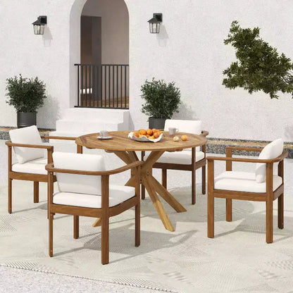Christopher Knight Home Everett Patio 5-Piece Rustic Acacia Wood Outdoor Round Dining Set with Cushioned Dining Chairs