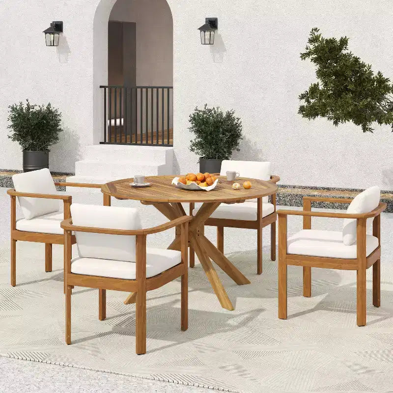 Christopher Knight Home Everett Ensemble de salle à manger d'extérieur rond 5 pièces en bois d'acacia rustique avec chaises rembourrées pour patio