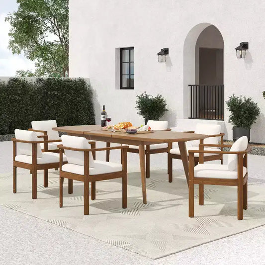 Christopher Knight Home Merlin Patio Rustic 7-Piece Acacia Wood Outdoor Expandable Dining Set with Cushioned Dining Chairs