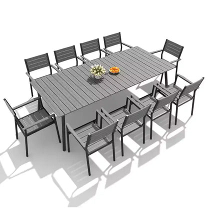 Crestlive Products Set da pranzo da esterno 11 pezzi, sedie impilabili con braccioli, tavolo effetto legno con foro per ombrellone per grandi riunioni