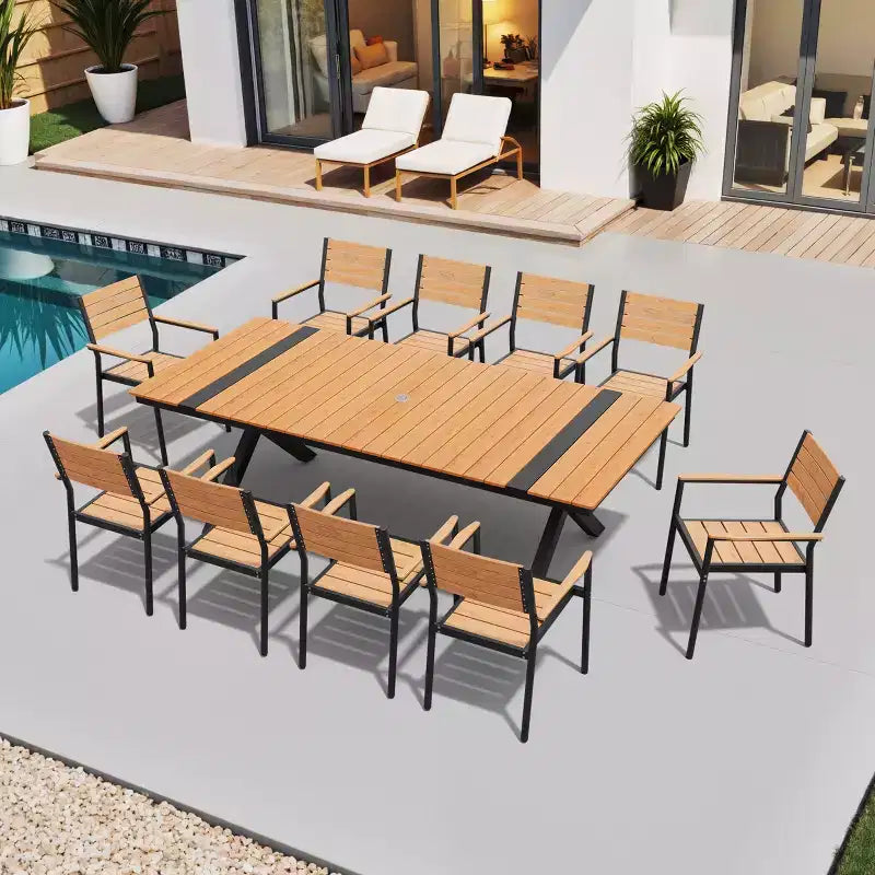 Crestlive Products Set da pranzo da esterno 11 pezzi, sedie impilabili con braccioli, tavolo effetto legno con foro per ombrellone per grandi riunioni