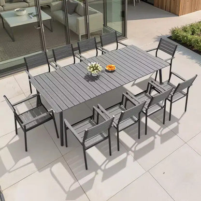 Crestlive Products Set da pranzo da esterno 11 pezzi, sedie impilabili con braccioli, tavolo effetto legno con foro per ombrellone per grandi riunioni