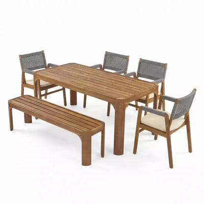 Christopher Knight Home Lan Moderno Set da pranzo da esterno in 6 pezzi in legno di acacia con tavolo a doghe e design a corda