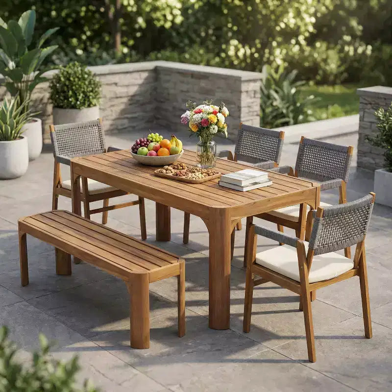 Christopher Knight Home Lan Moderno Set da pranzo da esterno in 6 pezzi in legno di acacia con tavolo a doghe e design a corda