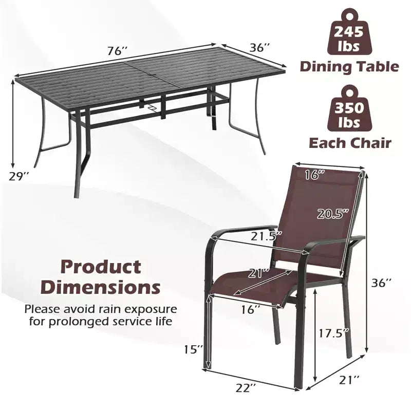 Set da pranzo Gymax 9 pezzi per esterni con tavolo rettangolare e sedie impilabili con foro per ombrellone