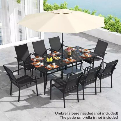 Set da pranzo Gymax 9 pezzi per esterni con tavolo rettangolare e sedie impilabili con foro per ombrellone