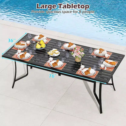 Set da pranzo Gymax 9 pezzi per esterni con tavolo rettangolare e sedie impilabili con foro per ombrellone