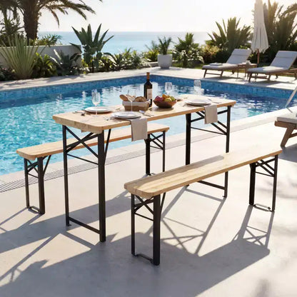 Gymax Tavolo da Picnic Pieghevole 3 Pezzi con Panchine e Telaio in Metallo per Giardino e Patio