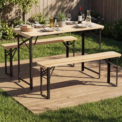 Gymax Tavolo da Picnic Pieghevole 3 Pezzi con Panchine e Telaio in Metallo per Giardino e Patio