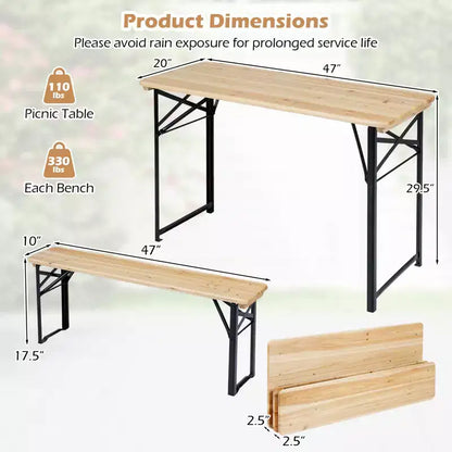 Gymax Tavolo da Picnic Pieghevole 3 Pezzi con Panchine e Telaio in Metallo per Giardino e Patio