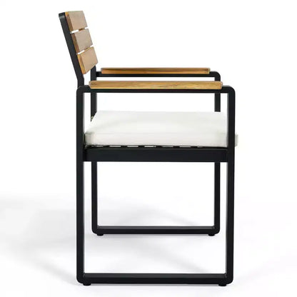 Ensemble de salle à manger d'extérieur en bois Whisen 6 pièces pour 6-7 personnes, ensemble de sièges de salle à manger de jardin de patio, 1 table rectangulaire et 1 banc et 4 chaises avec coussins
