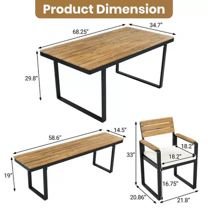 Ensemble de salle à manger d'extérieur en bois Whisen 6 pièces pour 6-7 personnes, ensemble de sièges de salle à manger de jardin de patio, 1 table rectangulaire et 1 banc et 4 chaises avec coussins