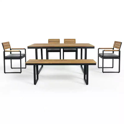 Ensemble de salle à manger d'extérieur en bois Whisen 6 pièces pour 6-7 personnes, ensemble de sièges de salle à manger de jardin de patio, 1 table rectangulaire et 1 banc et 4 chaises avec coussins