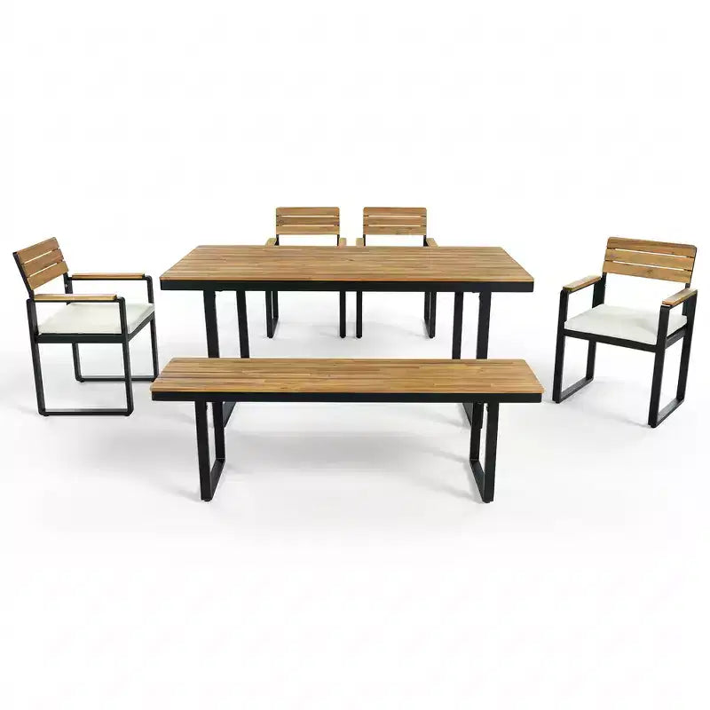 Ensemble de salle à manger d'extérieur en bois Whisen 6 pièces pour 6-7 personnes, ensemble de sièges de salle à manger de jardin de patio, 1 table rectangulaire et 1 banc et 4 chaises avec coussins