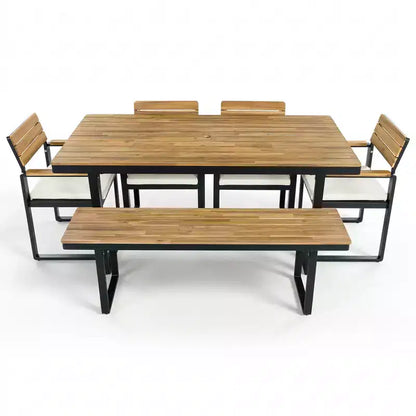 Ensemble de salle à manger d'extérieur en bois Whisen 6 pièces pour 6-7 personnes, ensemble de sièges de salle à manger de jardin de patio, 1 table rectangulaire et 1 banc et 4 chaises avec coussins