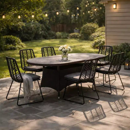 Christopher Knight Home Freya Set da Pranzo da Esterno Moderno di 7 Pezzi in Metallo con Tavolo Ovale e Design in Rattan PE