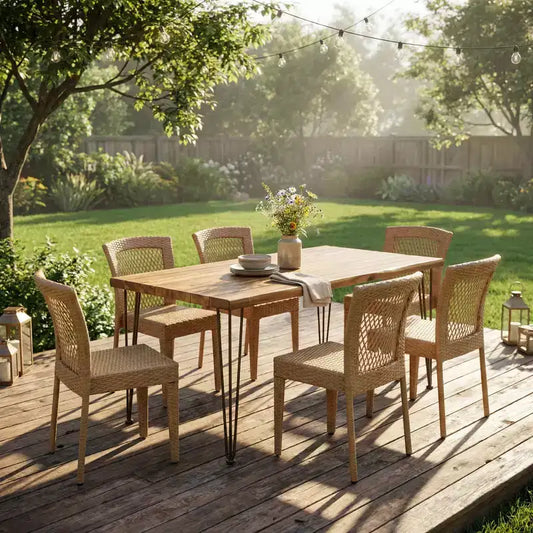 Christopher Knight Home Magnus Modern 7 Piece Acacia and Iron Dining Set with Slatted Table and PE Rattan Design