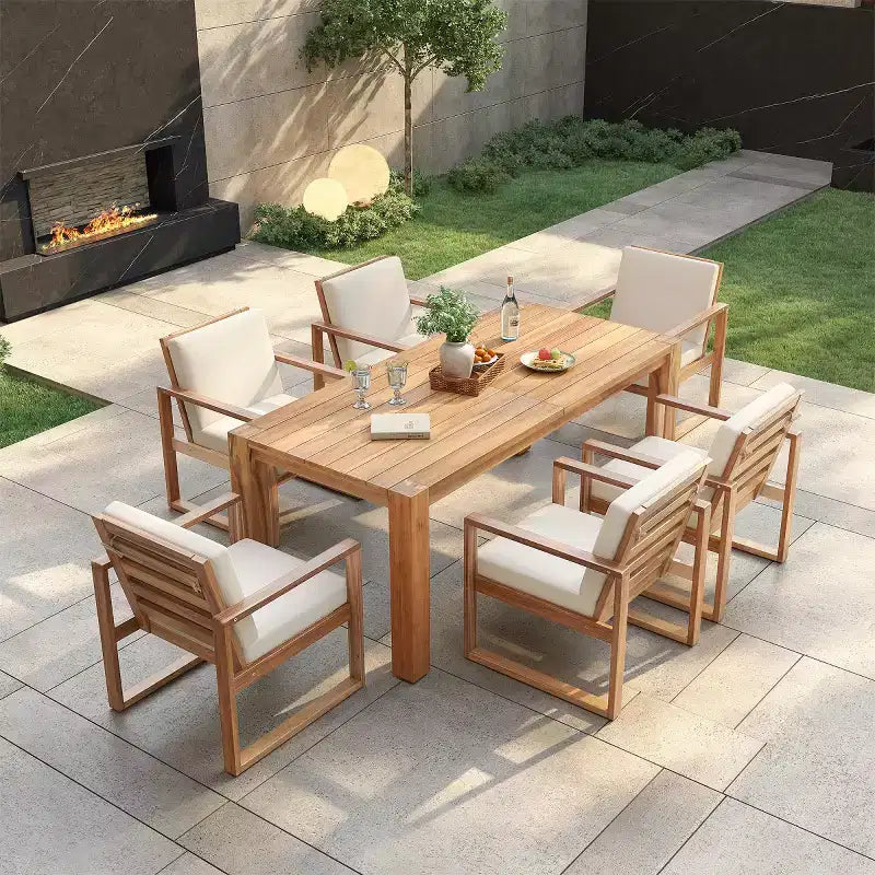 Ensemble repas d'extérieur 7 pièces pour 6 personnes avec trou pour parasol, table et chaises de patio en bois avec coussins amovibles pour jardin ou terrasse - Panipeachy