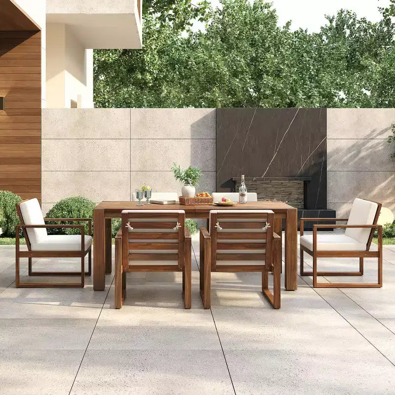 Ensemble repas d'extérieur 7 pièces pour 6 personnes avec trou pour parasol, table et chaises de patio en bois avec coussins amovibles pour jardin ou terrasse - Panipeachy