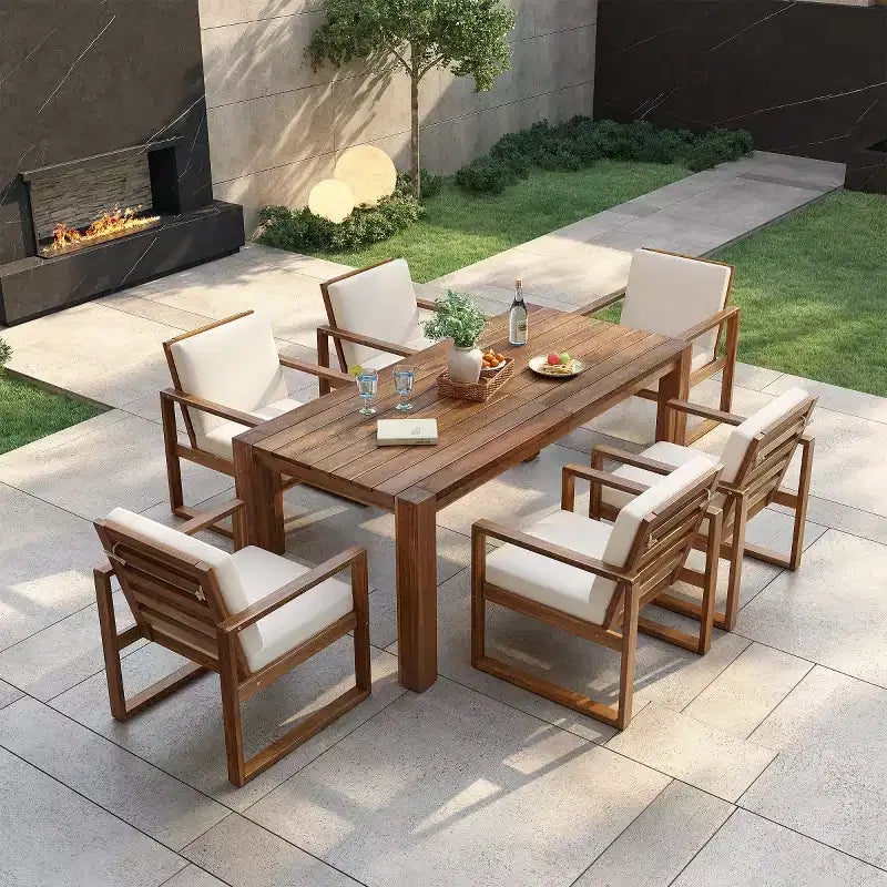 Ensemble repas d'extérieur 7 pièces pour 6 personnes avec trou pour parasol, table et chaises de patio en bois avec coussins amovibles pour jardin ou terrasse - Panipeachy