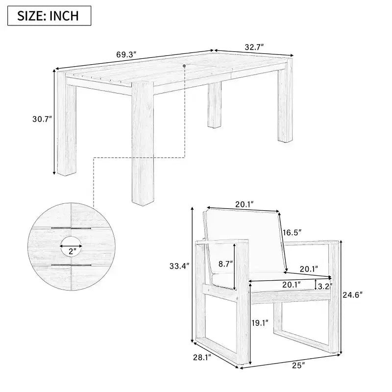 Ensemble repas d'extérieur 7 pièces pour 6 personnes avec trou pour parasol, table et chaises de patio en bois avec coussins amovibles pour jardin ou terrasse - Panipeachy