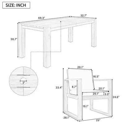 Ensemble repas d'extérieur 7 pièces pour 6 personnes avec trou pour parasol, table et chaises de patio en bois avec coussins amovibles pour jardin ou terrasse - Panipeachy