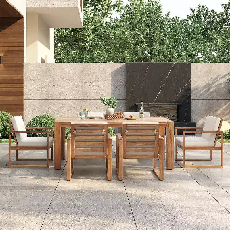 Ensemble repas d'extérieur 7 pièces pour 6 personnes avec trou pour parasol, table et chaises de patio en bois avec coussins amovibles pour jardin ou terrasse - Panipeachy