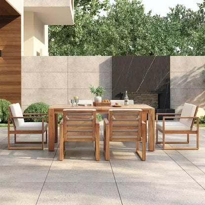 Ensemble repas d'extérieur 7 pièces pour 6 personnes avec trou pour parasol, table et chaises de patio en bois avec coussins amovibles pour jardin ou terrasse - Panipeachy