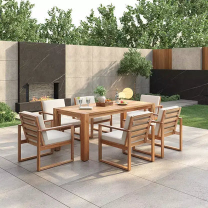 Ensemble repas d'extérieur 7 pièces pour 6 personnes avec trou pour parasol, table et chaises de patio en bois avec coussins amovibles pour jardin ou terrasse - Panipeachy