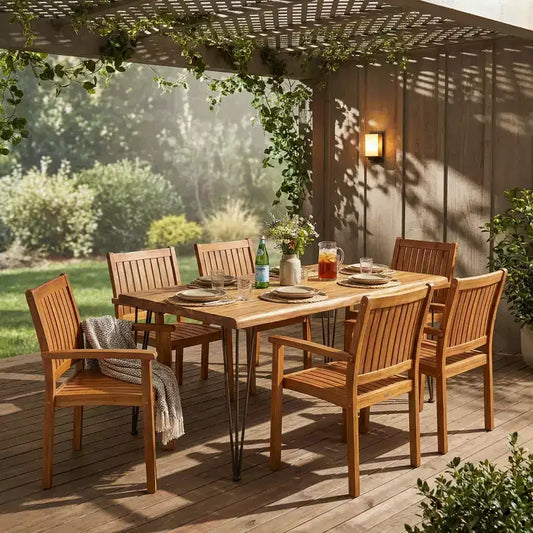 Christopher Knight Home Mikkel Modern 7 Piece Patio Acacia Dining Set with Slatted Table and Iron Hairpin Legs