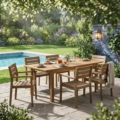 Christopher Knight Home Kasper Set da pranzo moderno da 7 pezzi da patio in acacia con tavolo rettangolare a doghe allungabile