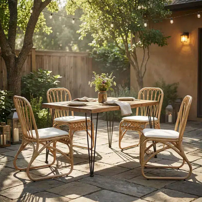 Christopher Knight Home Camille Boho 5 Piece Patio Acacia Wood Rattan Dining Set with Cushions