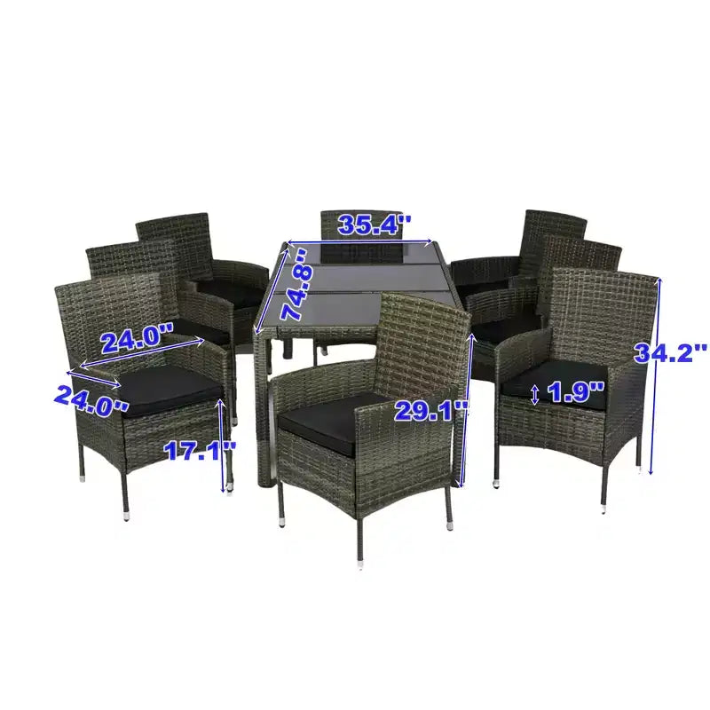 Set da pranzo da esterni GDFStudio Jayu Moderno a 9 pezzi in metallo e rattan sintetico con cuscino e tavolo con piano in vetro