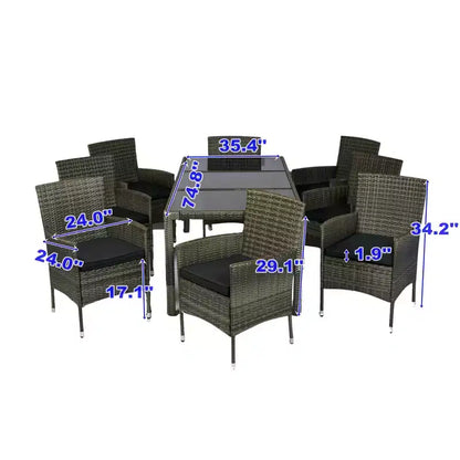 Set da pranzo da esterni GDFStudio Jayu Moderno a 9 pezzi in metallo e rattan sintetico con cuscino e tavolo con piano in vetro