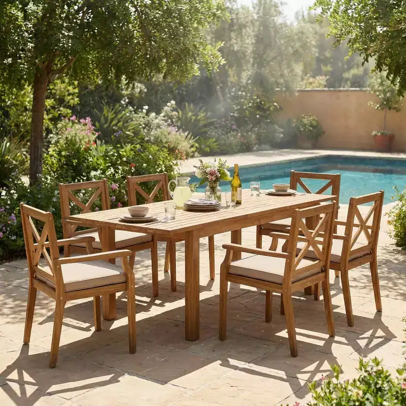Ensemble de salle à manger d'extérieur 7 pièces, table à manger extensible en bois d'acacia avec 6 chaises rembourrées, mobilier de salle à manger d'extérieur pour jardin - Panipeachy