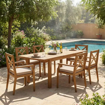 Ensemble de salle à manger d'extérieur 7 pièces, table à manger extensible en bois d'acacia avec 6 chaises rembourrées, mobilier de salle à manger d'extérieur pour jardin - Panipeachy