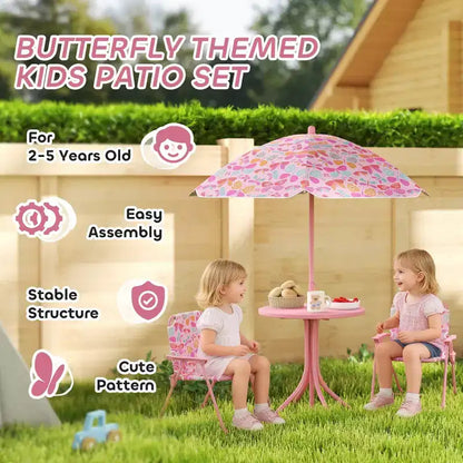 Set Tavolo e Sedie da Picnic per Bambini con Ombrellone a Farfalla 3 Pezzi Rosa