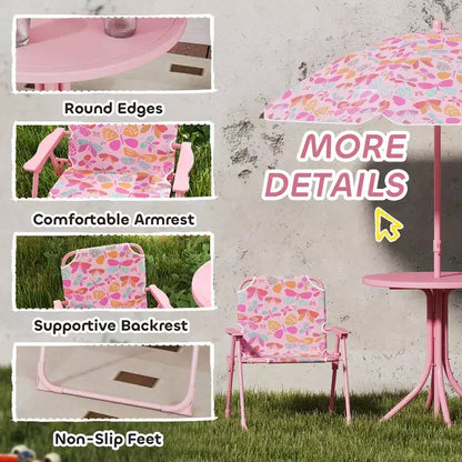 Set Tavolo e Sedie da Picnic per Bambini con Ombrellone a Farfalla 3 Pezzi Rosa