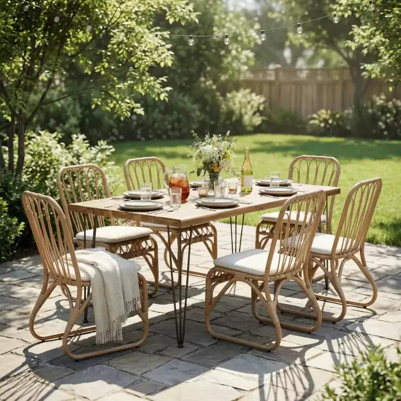 Ensemble de salle à manger d'extérieur 7 pièces pour 6 avec chaises en rotin tressé, table de salle à manger rectangulaire de 183 cm avec plateau en bois d'acacia pour jardin, terrasse-Panipeachy