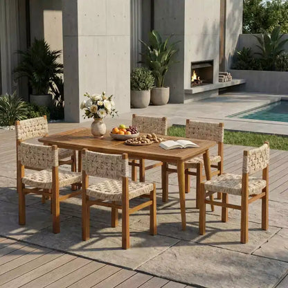 Christopher Knight Home Hailey 7 Piece Farmhouse Outdoor Acacia Wood Wicker Dining Chairs with Slatted Table