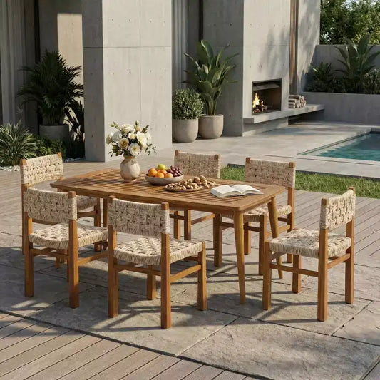 Christopher Knight Home Hailey 7 Piece Farmhouse Outdoor Acacia Wood Wicker Dining Chairs with Slatted Table