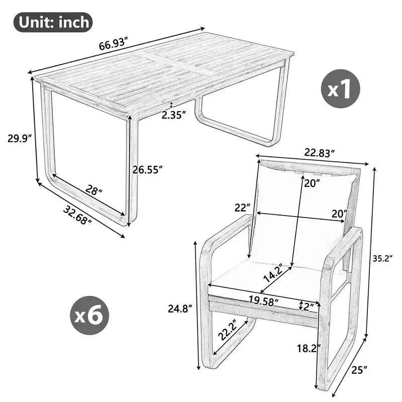 Set da pranzo da esterno Polibi a 7 pezzi in acacia con poltrone a bracciolo scolpite a cerchio