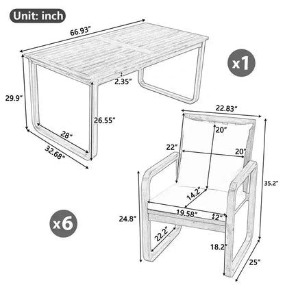 Set da pranzo da esterno Polibi a 7 pezzi in acacia con poltrone a bracciolo scolpite a cerchio