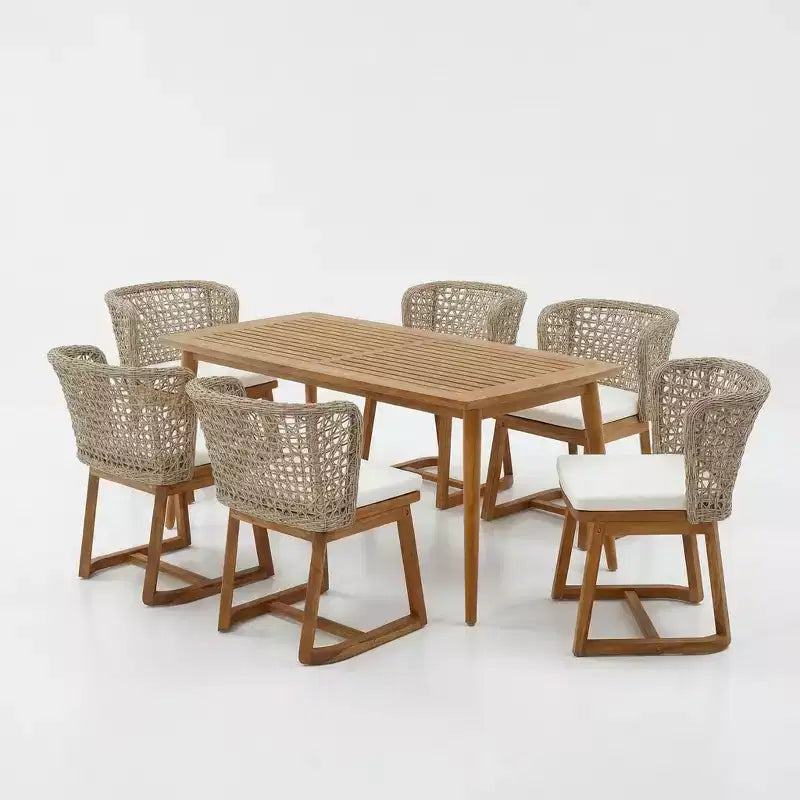Christopher Knight Home Hruni – Ensemble de salle à manger d'extérieur moderne 7 pièces en acacia avec table à lattes et dossier en osier