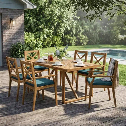 Christopher Knight Home Perla Ensemble de salle à manger d'extérieur rustique 7 pièces en bois d'acacia avec coussins