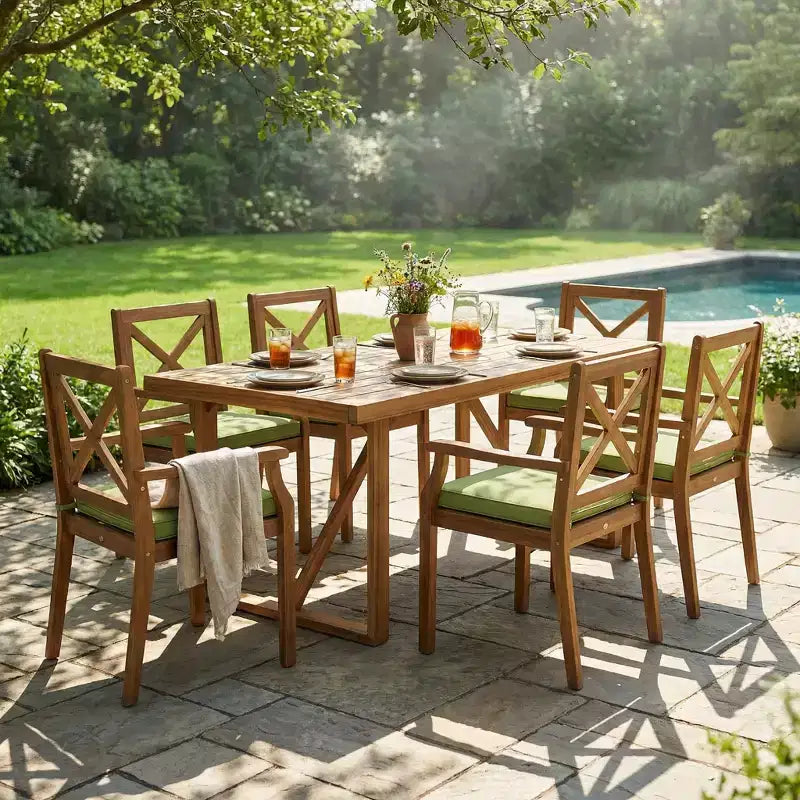 Christopher Knight Home Perla Ensemble de salle à manger d'extérieur rustique 7 pièces en bois d'acacia avec coussins