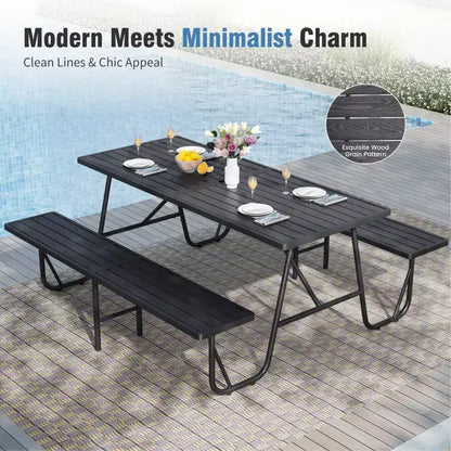 Ensemble de salle à manger extérieur Captiva Designs en grain de bois avec piètement en forme de A et trou pour parasol